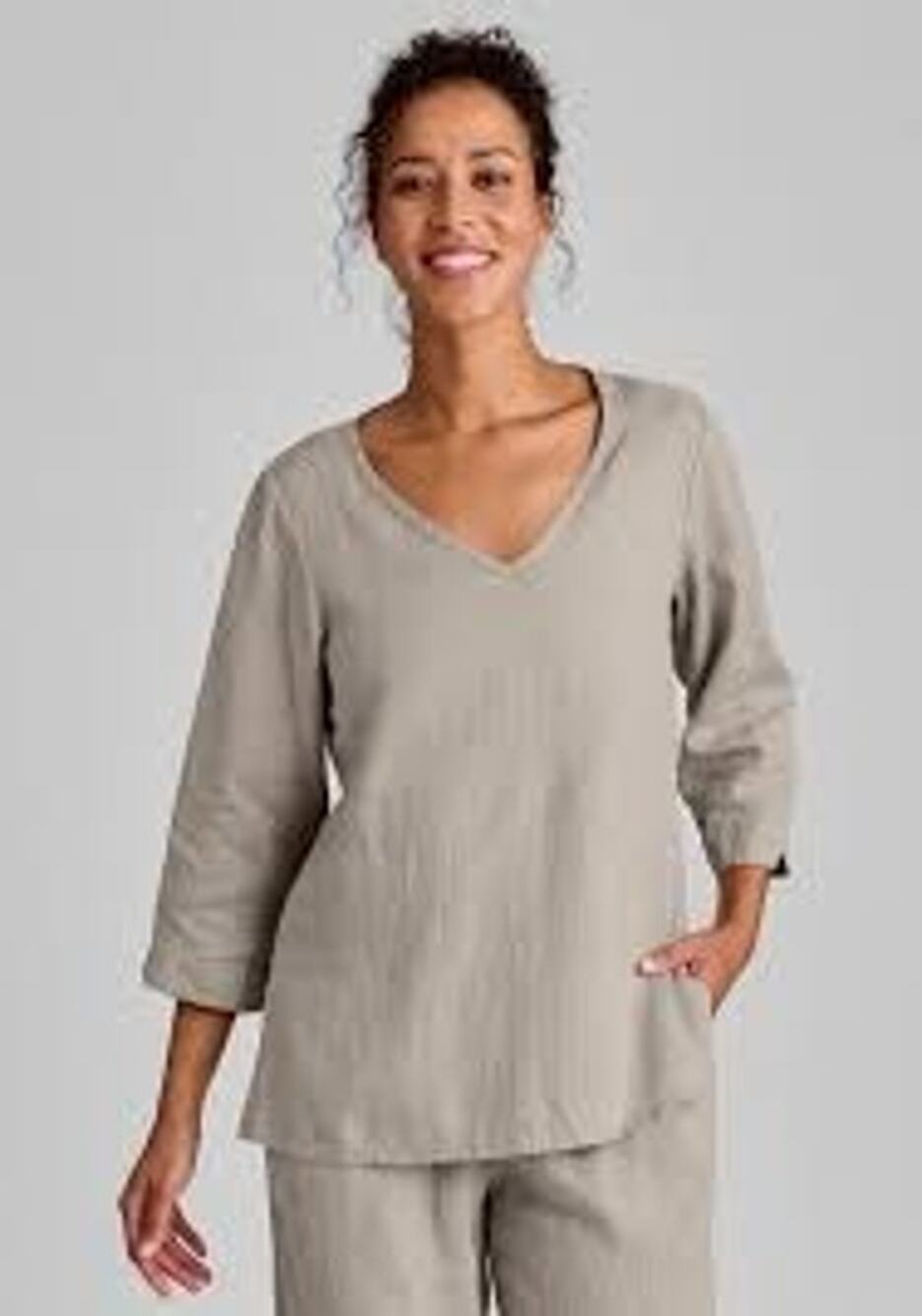 Top Shirt taupe-colored FLAX S V-Pullover linen shirt 3/4 length sleeves small
